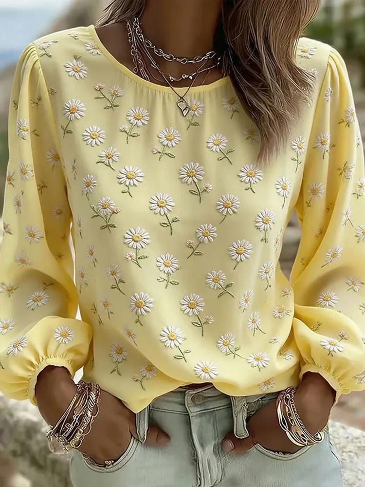 Women'S Floral Art Printed Casual Long Sleeved Shirt