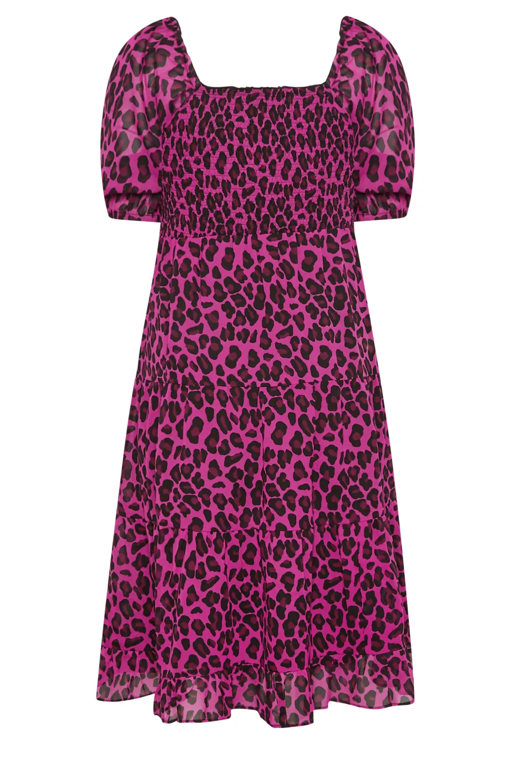 YOURS Curve Hot Pink Leopard Print Midi Shirred Dress