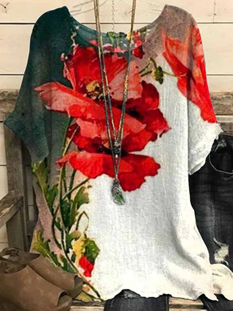 Women's Poppy Flower Printed Casual Top