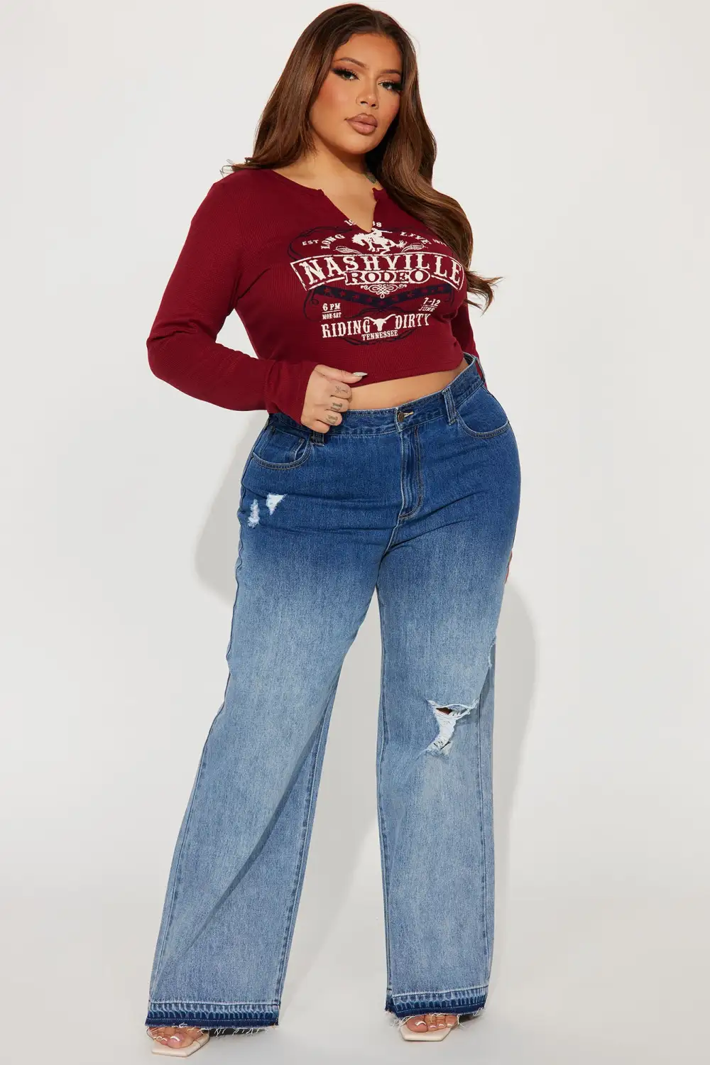 Nashville Rodeo Waffle Long Sleeve Tee - Brick Red