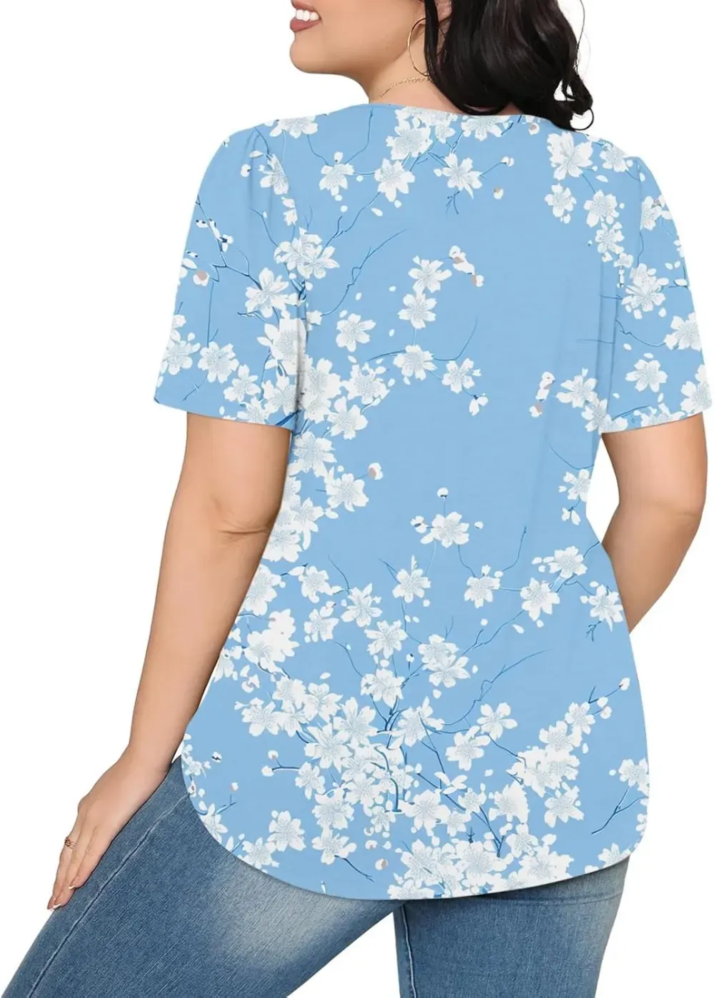 Womens Summer Pleated Front Shirts Tunics Casual Short Sleeved Loose Round Neck Boho Printed Tops Vacation Blouse