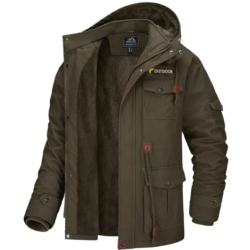 Men's Winter Coat Jacket Fleece Lined Parka Cotton Cargo Jacket Menswear Tops Long Sleeve Warm Thermal Hoodie