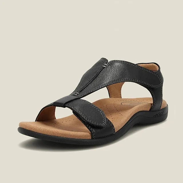 Women's Sandals Flat Sandals Comfort Shoes Plus Size Outdoor Office Daily Summer Flat Heel Open Toe Casual Walking Shoes PU Leather Magic Tape Solid Colored Black Yellow Red