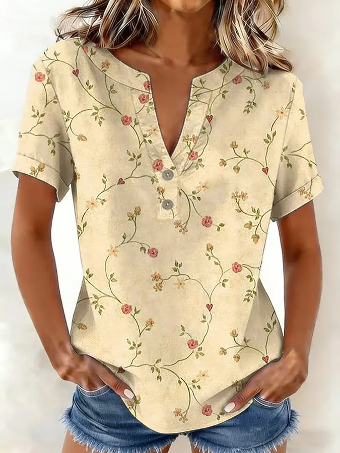 Women's Casual Retro Cotton And Linen Print Shirt
