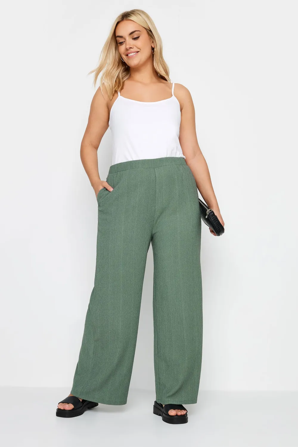 YOURS Curve Black Textured Wide Leg Trousers