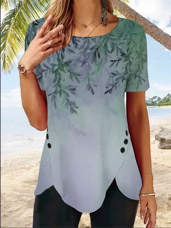 Women's Green Scoop Neck Short Sleeve Printed Top