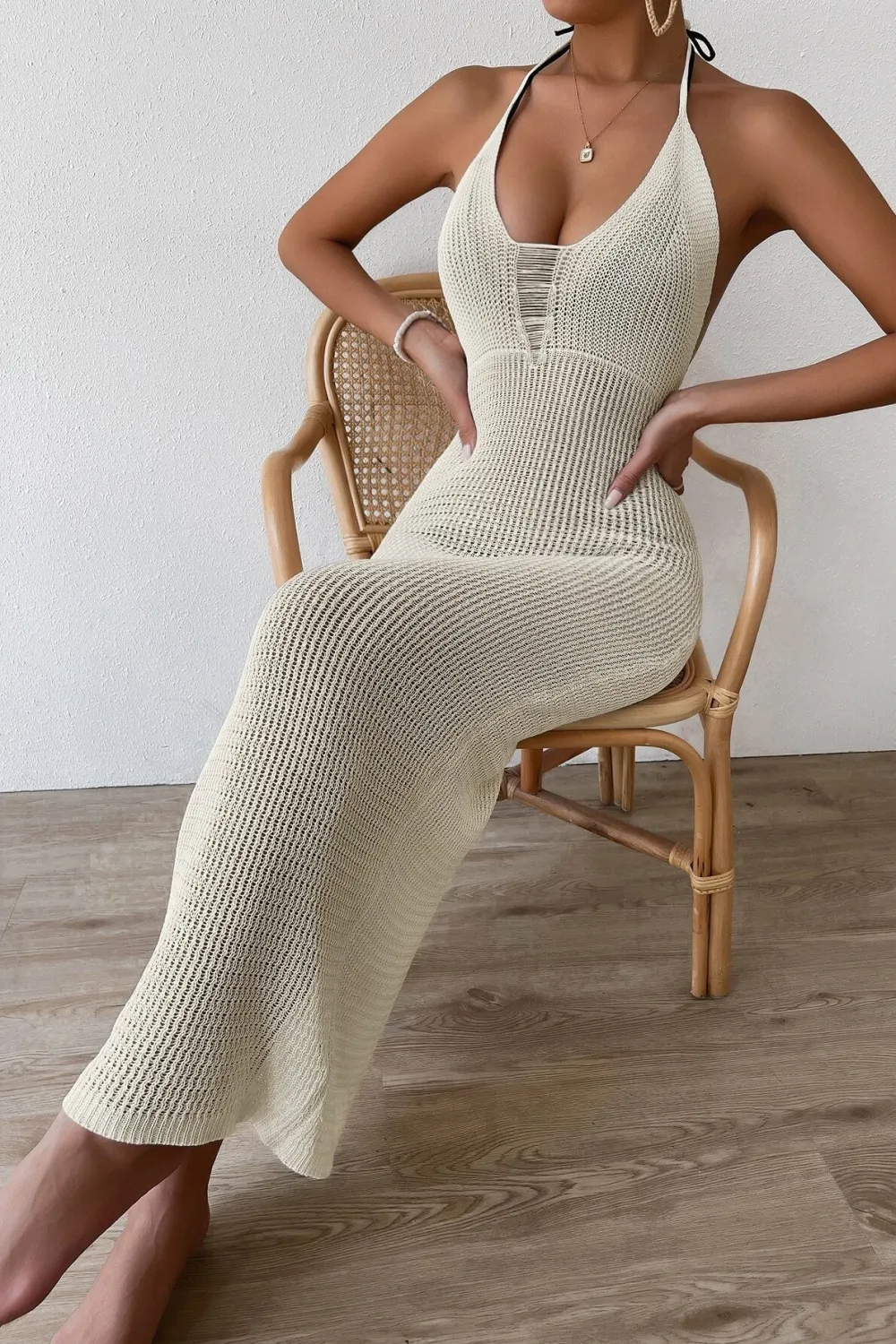 Ripped Tie Backless Halter Cover Up Dress