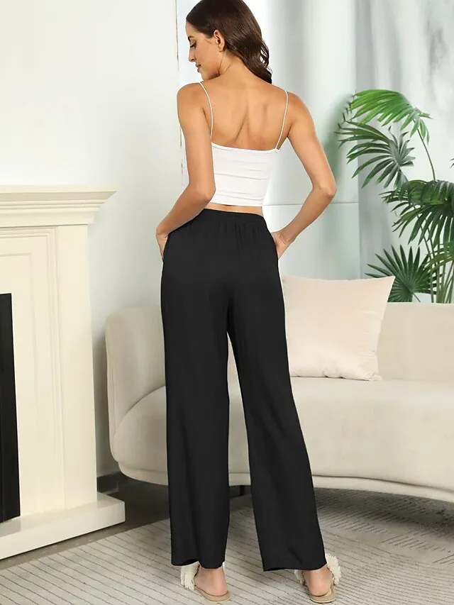 Women's Basic Essential Classic Culottes Wide Leg Chinos Drawstring Pants Casual Inelastic Solid Colored Faux Linen Lightweight Mid Waist Loose Black Blue Gray Dusty Blue S M L XL XXL