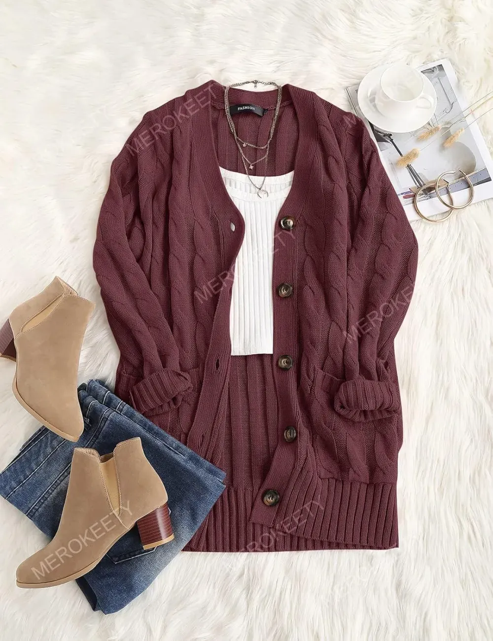 MEROKEETY Women's 2024 Fall Long Sleeve Cable Knit Sweater Open Front Cardigan Button Loose Outerwear