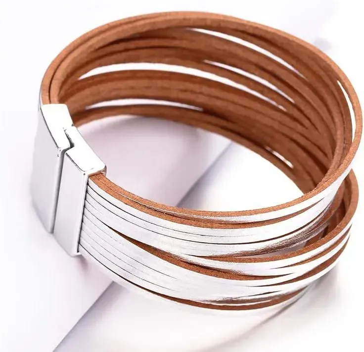 Fesciory Leather Wrap Bracelets for Women, Boho Leopard Multi-Layer Crystal Beads Cuff Bracelet Jewelry