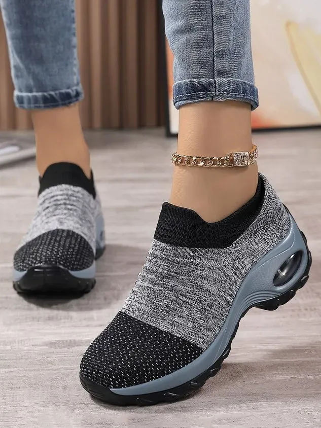Sports Color Block Breathable Slip On Block Heel Fly Woven Shoes