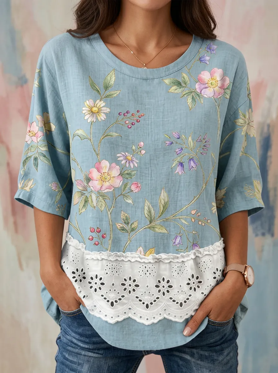Women's Nashville Floral Botanical Printed Lace Trim Top