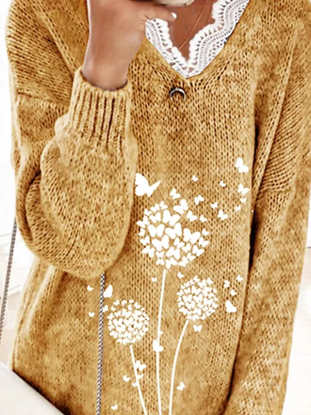 Women's Pullover Sweater Jumper V Neck Crochet Knit Rayon Knitted Lace Trims Fall Winter Outdoor Daily Going out Stylish Casual Soft Long Sleeve Butterfly Yellow Gray S M L