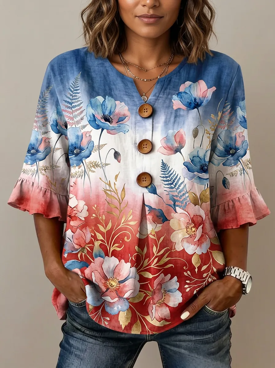 Women's Nashville Floral Ombre Button-Down Printed Top