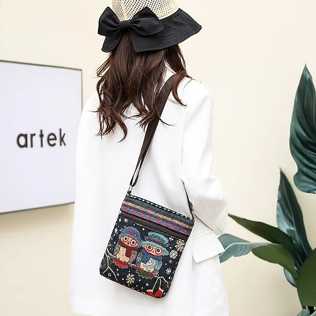 Women's Crossbody Bag Shoulder Bag Hobo Bag Polyester Daily Holiday Zipper Large Capacity Lightweight Durable Geometric Cat Folk [Small Size]Couple Cat [Trumpet] Yellow Elephant [Trumpet] Blue