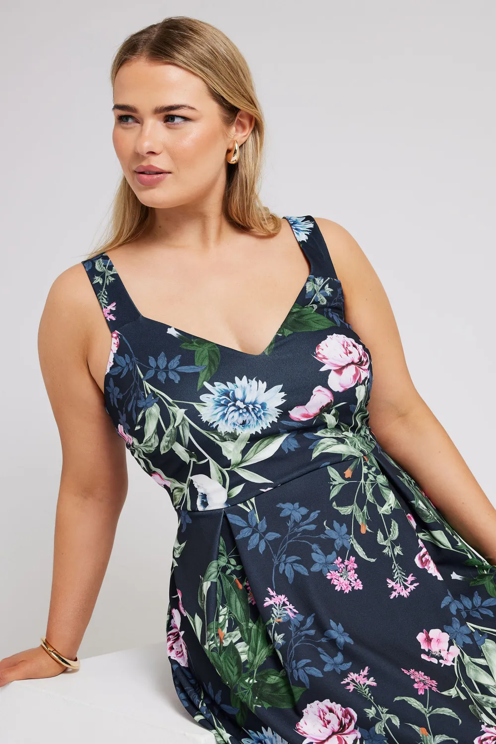 YOURS LONDON Curve Navy Blue Floral V Neck Dress