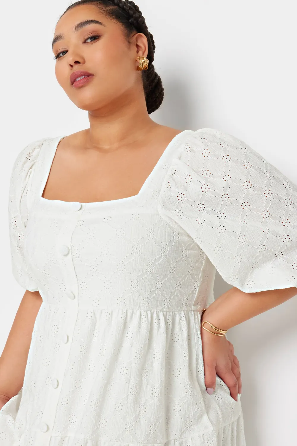 YOURS Curve White Broderie Anglaise Button Front Dress
