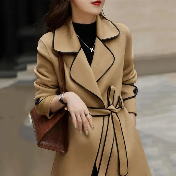 Contrasted trims front tie lapel coat