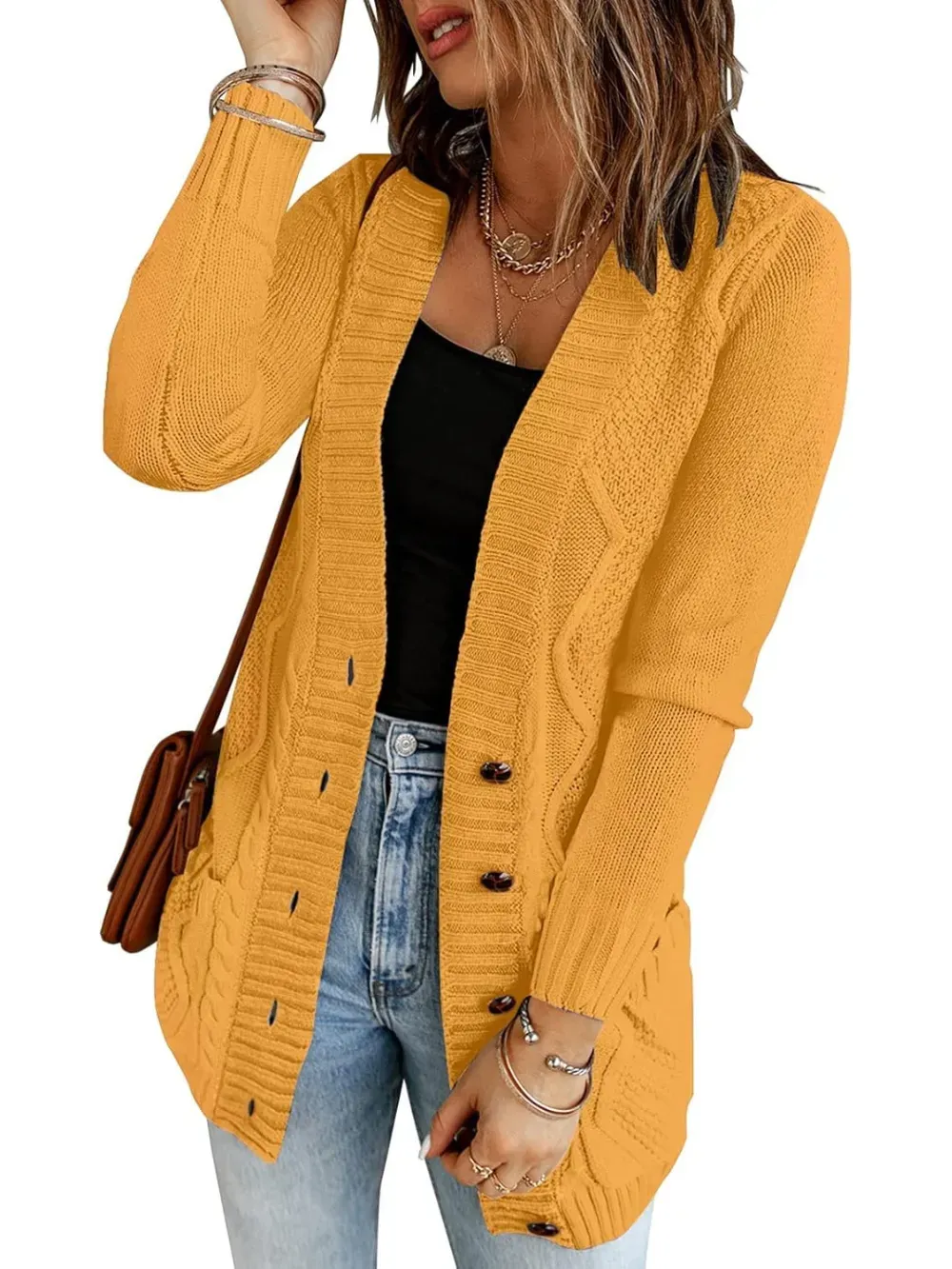 Womens Long Sleeve Open Front Buttons Cable Knit Pocket Sweater Cardigan