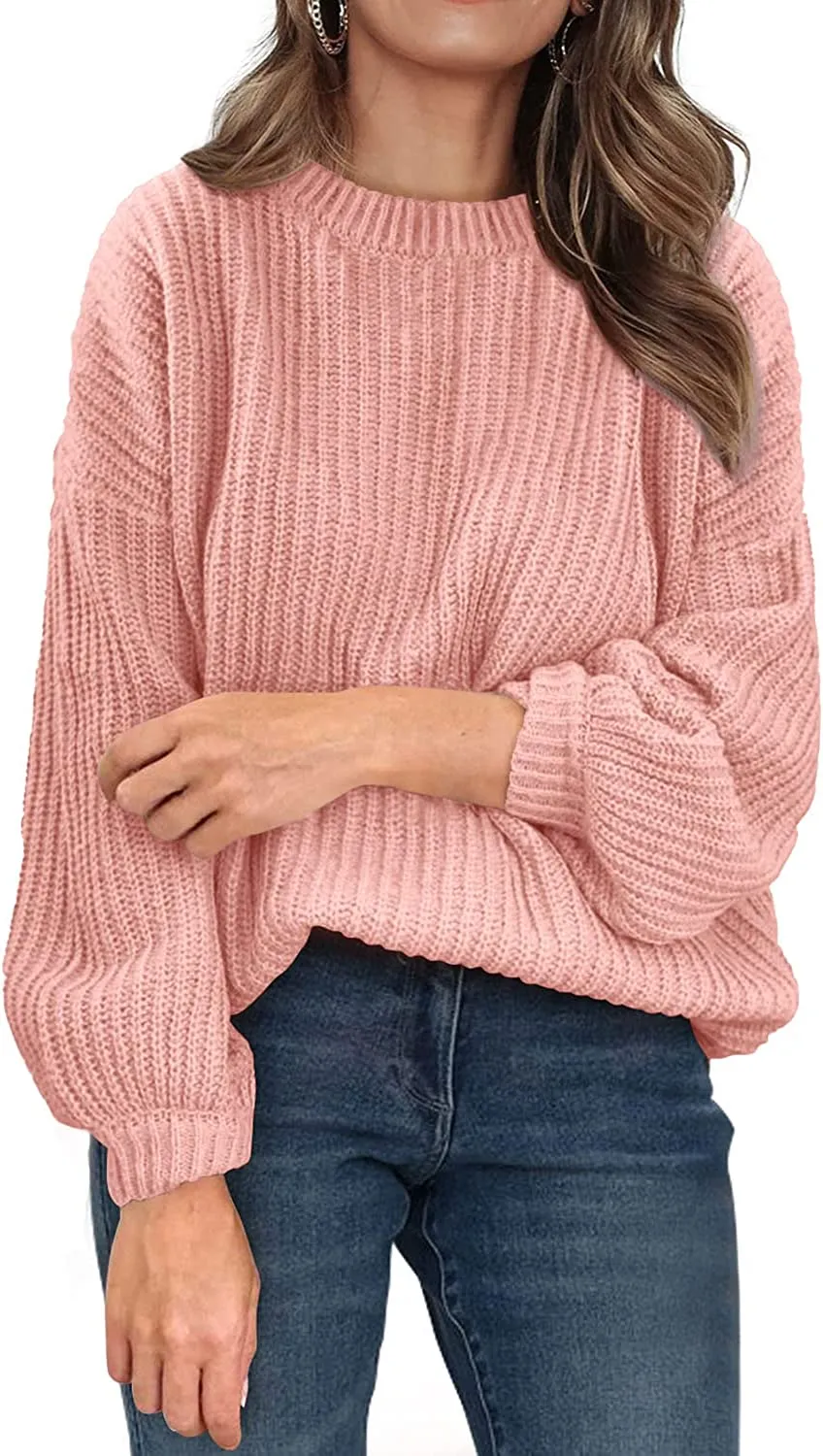 Women's Crew Neck Loose Drop Shoulder Lantern Sleeve Casual Solid Color Knit Pullover Sweater