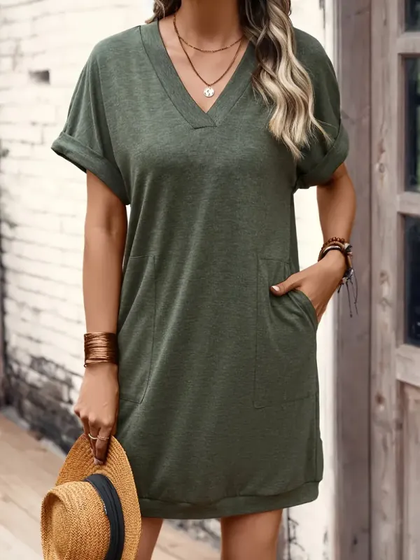 Plus Size Solid Simple V Neck Dress - Casual Short Sleeve Dress For Spring & Summer - For Women - Made from Breathable Fabric - Perfect Gift for Women