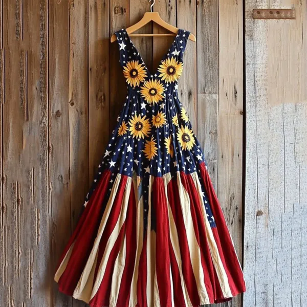 Women's Vintage Independence Day Sunflower Stripes Art Linen Midi Dress
