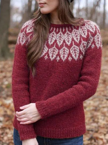 Knitted Printed Casual Crew Neck Sweater