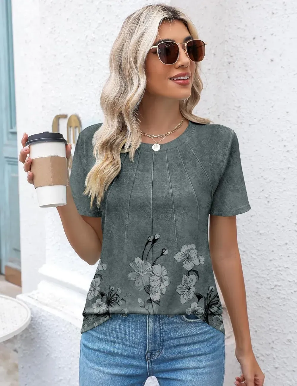 Kistore Womens Casual Crew Neck Short Sleeve Pleated Tops Blouses Fashion Clothes 2024