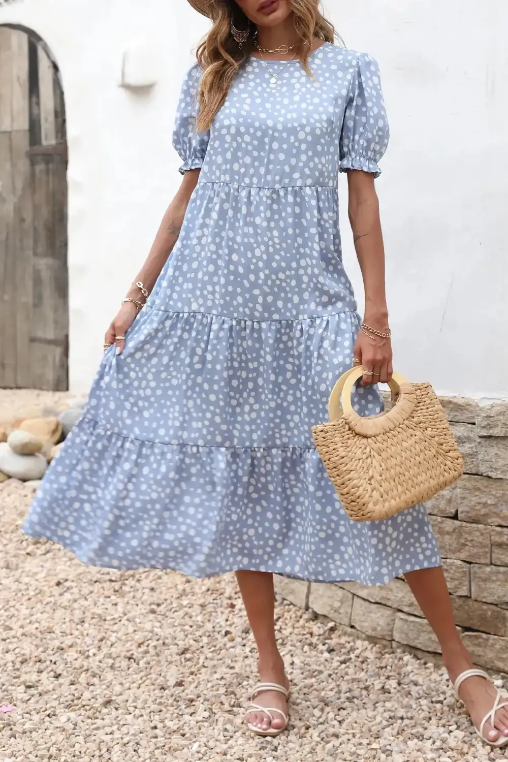 Floral Print Ruffle Puff Sleeve High Waist Midi Dresses