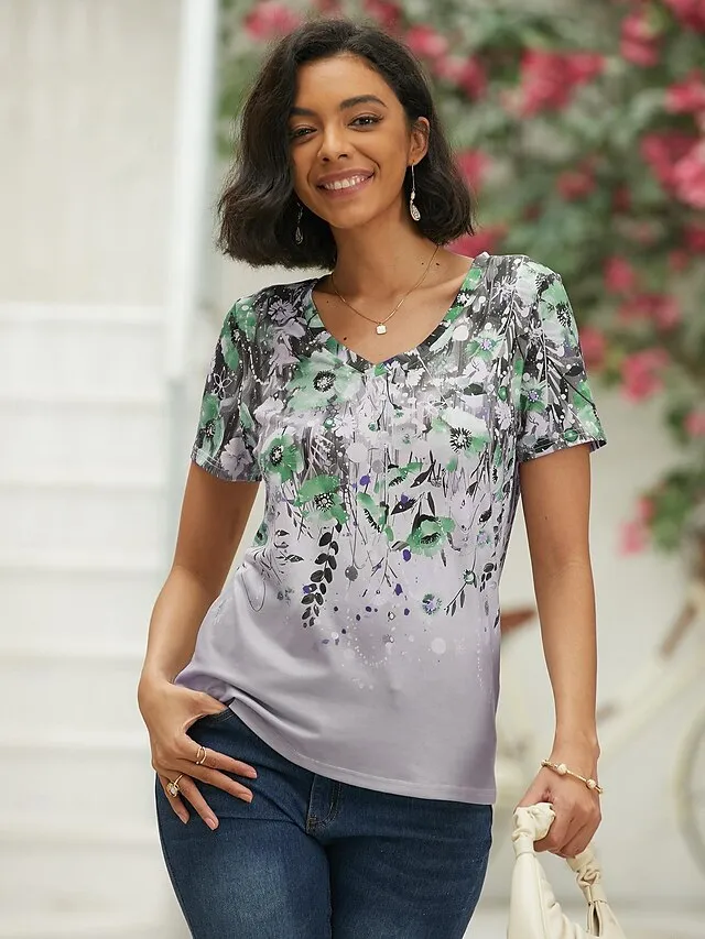 Women's T shirt Tee Floral Holiday Weekend Pink Blue Green Print Short Sleeve Basic V Neck Regular Fit