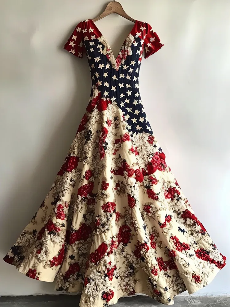 Women's Vintage Independence Day Flag Floral Short Sleeve Dress