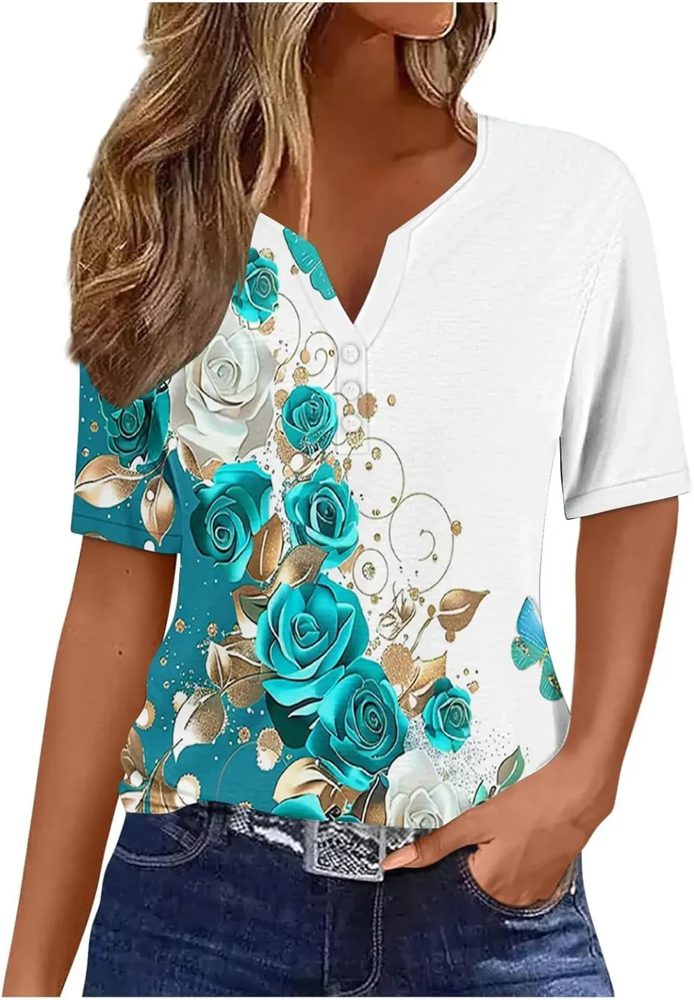 Shirts for Women Casual Printed Summer Tops Short-Sleeved Button V-Neck Tops Blouse Fashion Boho T-Shirts