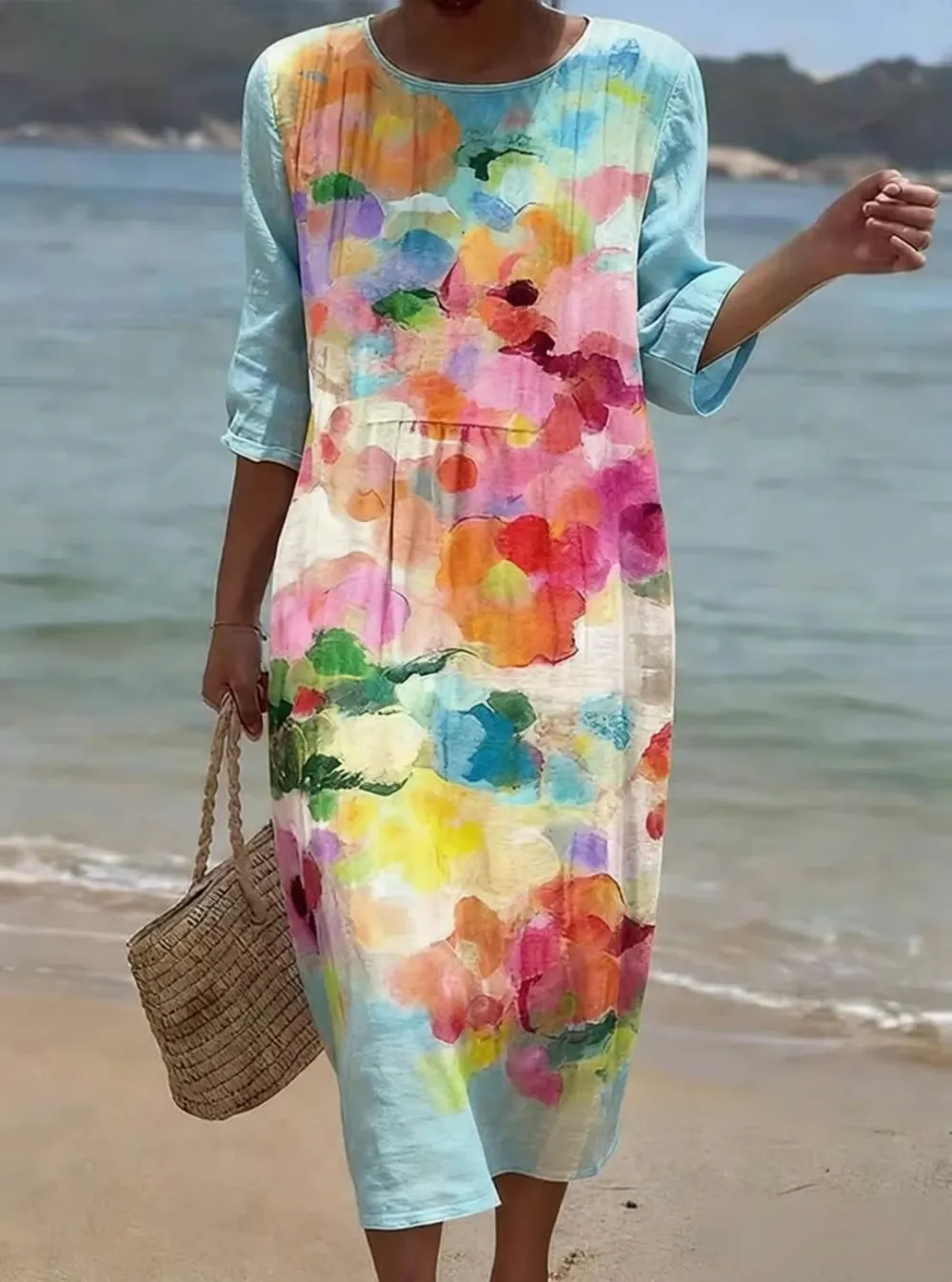 Women'S Casual Round Neck Mid Sleeve Printed Cotton And Linen Dress