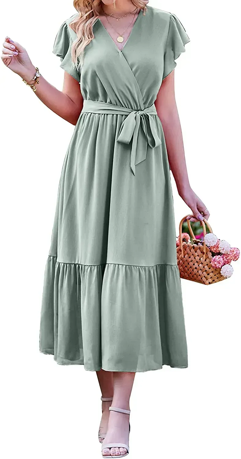 Women Summer Bohemian Floral Casual Wrap V Neck Ruffle Cap Sleeveless Belt A-Line Pleated Hem Swing Midi Sun Dress