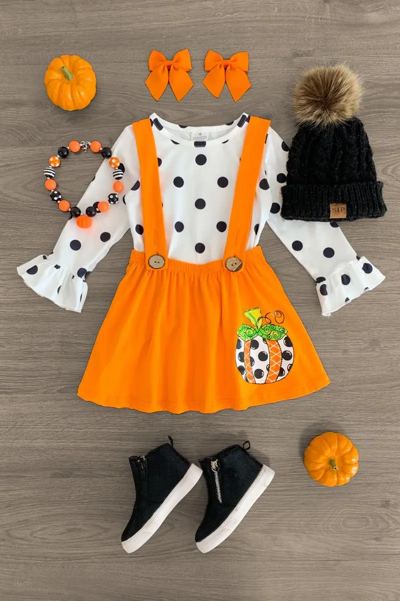 Polka Dot Pumpkin Suspender Skirt Set