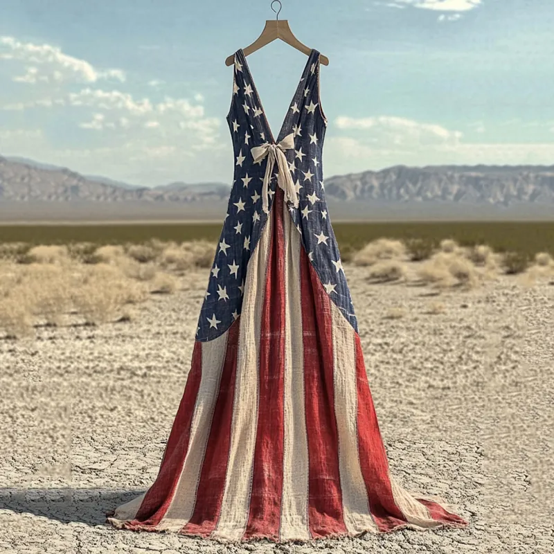 Women's Vintage Independence Day Flag V Neck Maxi Dress
