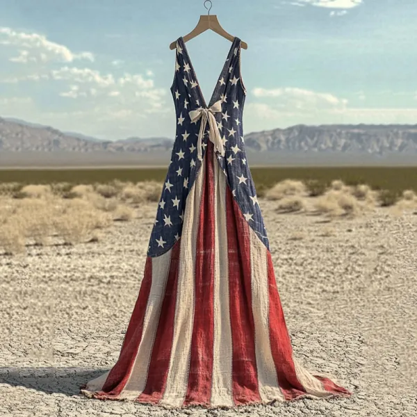 Women's Vintage Independence Day Flag V Neck Maxi Dress