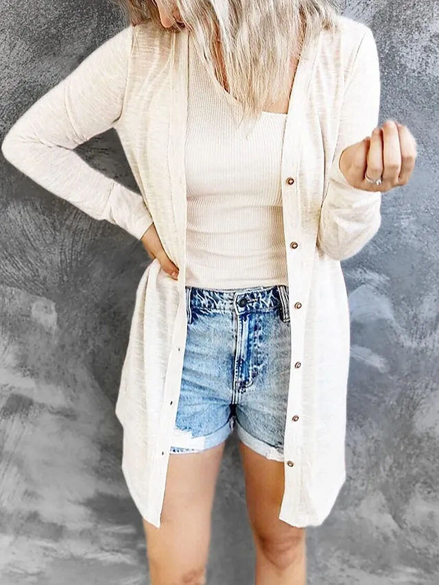 Women's Cardigan Sweater Cowl Ribbed Knit Polyester Button Summer Spring Outdoor Home Halloween Casual Soft Long Sleeve Solid Color Black White Light Green S M L