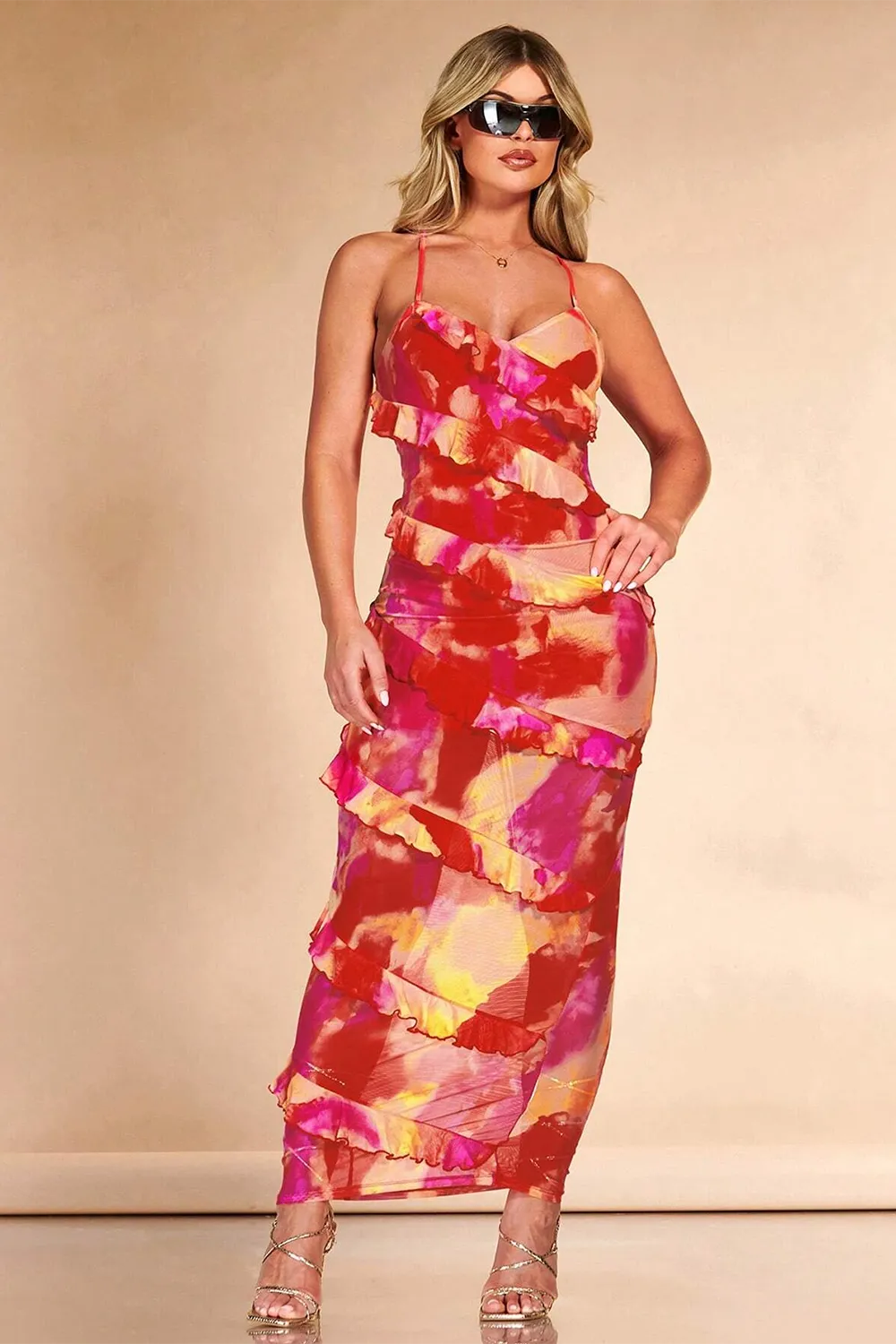 BAE Tie Dye Ruffle Trim Crisscross Backless Ruche