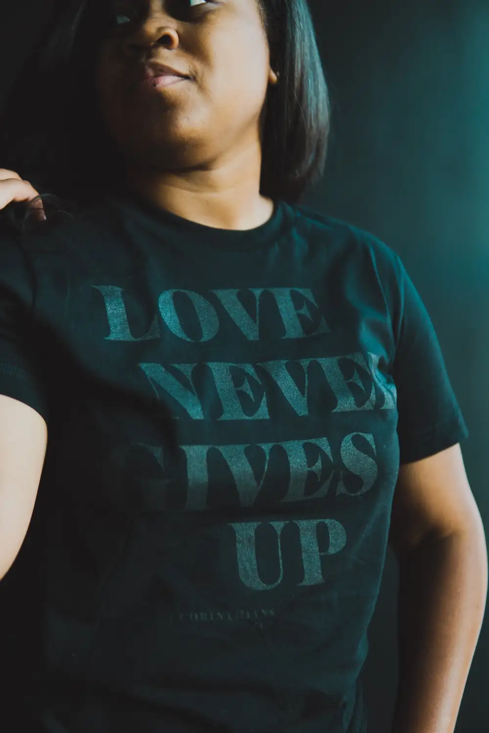 Love Never Gives Up (Blkonblk) Adult Box T-Shirt