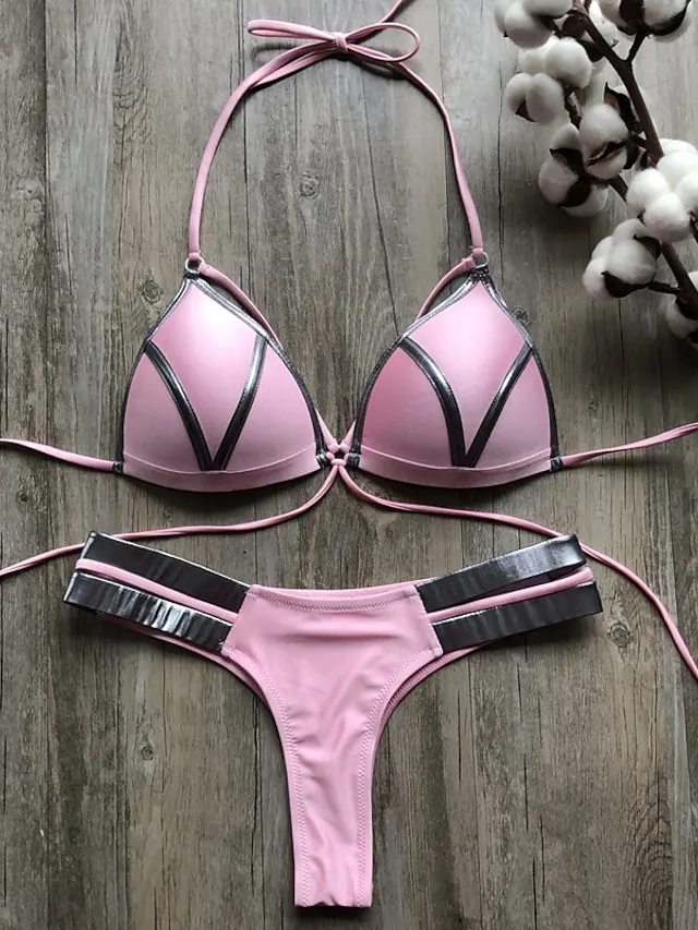 Women's Swimwear Bikini 2 Piece Normal Swimsuit Open Back Cut Out Sexy Leopard Color Block Leopard Print Black Pink Wine Dusty Rose Camisole Strap Bathing Suits New Vacation Sexy