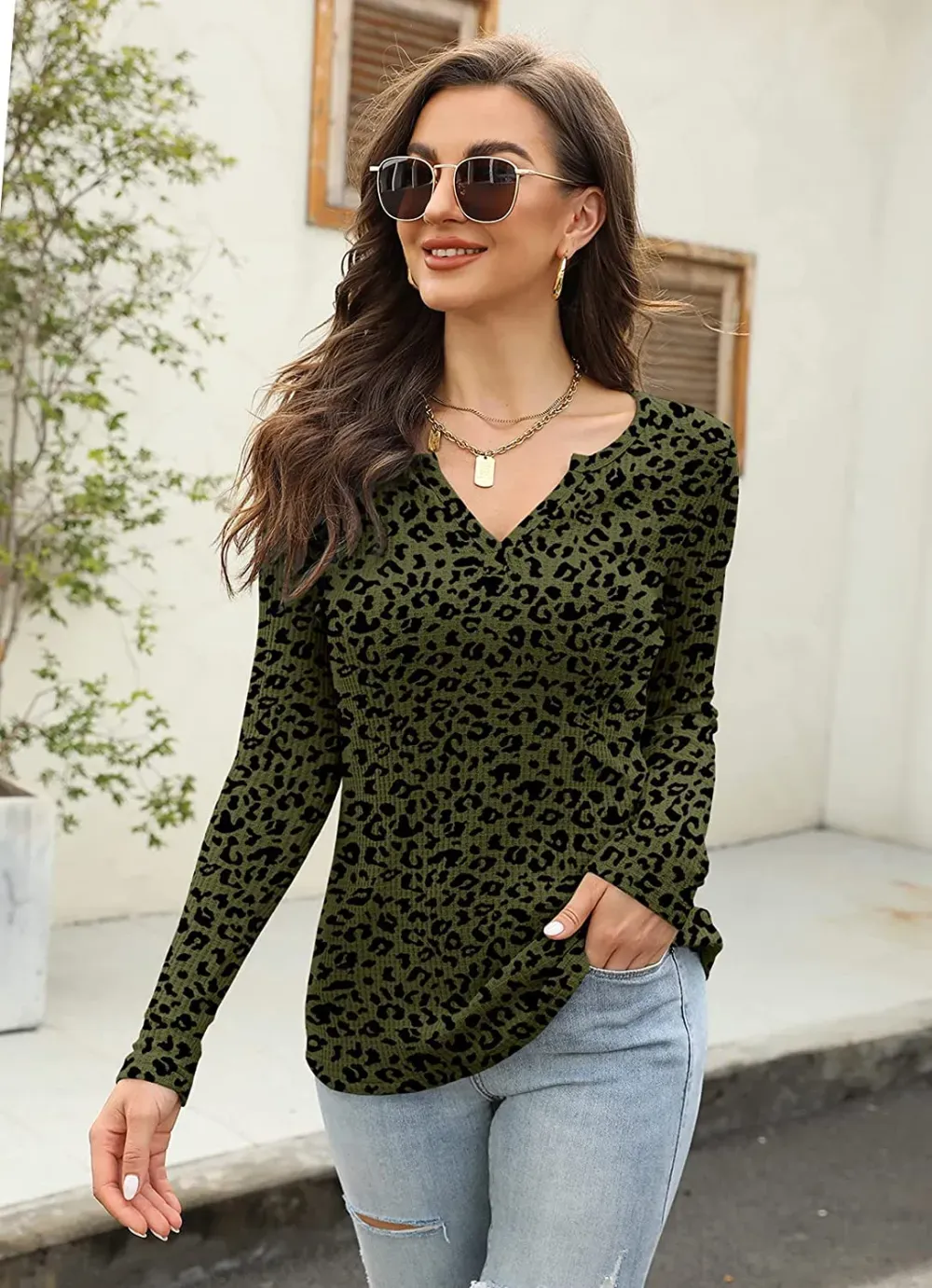 Women's V Neck Waffle Knit Henley Tops Casual Long Sleeve Pullover Sweater Blouses