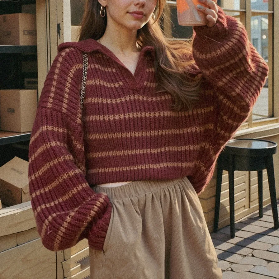 V Neck Striped Lapel Knitted Sweater