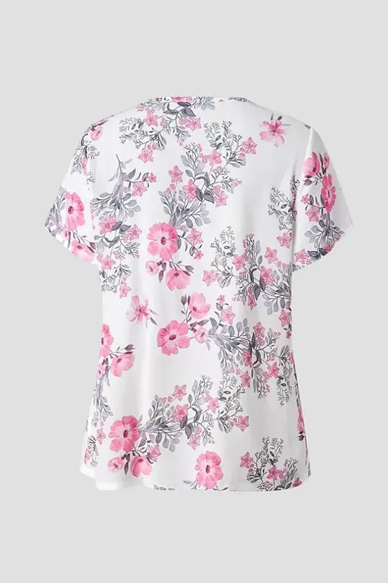 Floral Pattern Ruched Ruffle Trim 2-In-1 Blouse