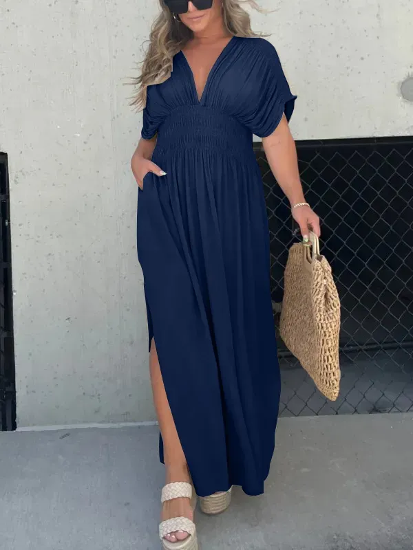 Slit V-Neck Effortless Maxi Long Dress