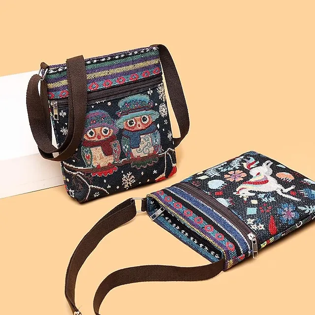 Women's Crossbody Bag Shoulder Bag Hobo Bag Polyester Daily Holiday Zipper Large Capacity Lightweight Durable Geometric Cat Folk [Small Size]Couple Cat [Trumpet] Yellow Elephant [Trumpet] Blue