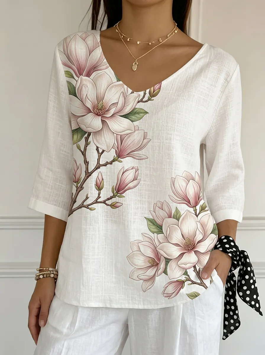 Women's Nashville Magnolia Flower Printed V-neck Top