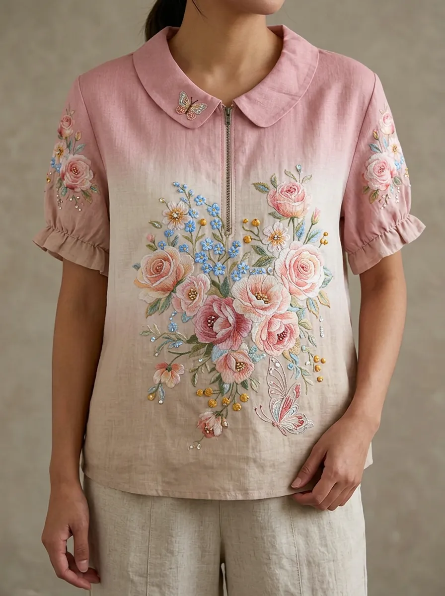 Women's Nashville Floral Butterfly Embroidered Zip-up Top