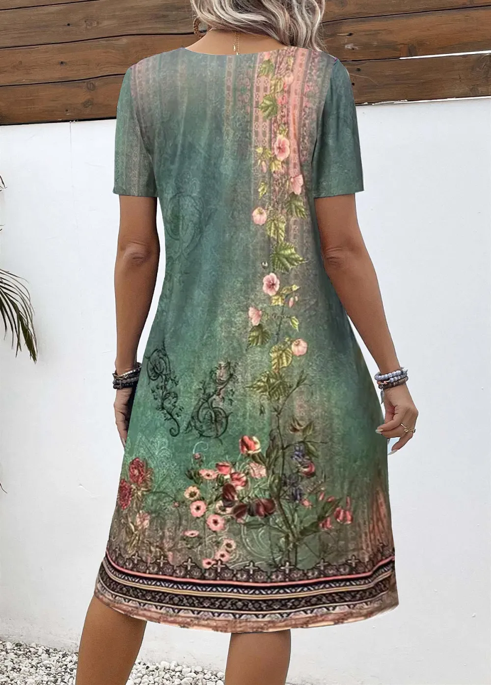 Green Button Floral Print A Line Short Sleeve Dress