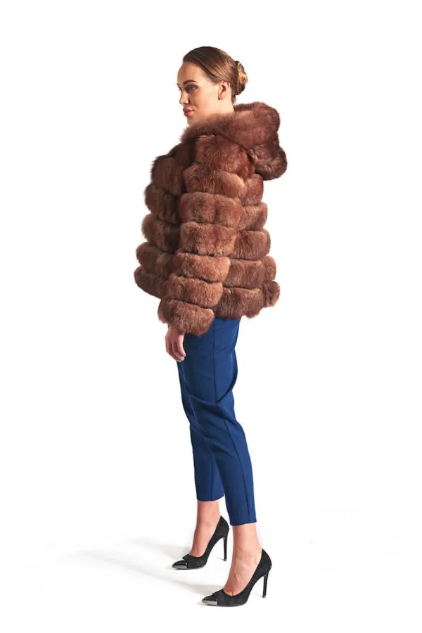 Brown  Fox Fur Coat Women's Hooded
